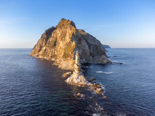 The abandoned lighthouse Aniva in the Sakhalin Island,Russia. Aerial View.