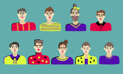A set of funny painted male portraits of avatars in the flat style