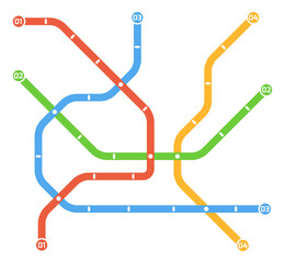 Subway map template with colorful metro routes. Underground transport path lines