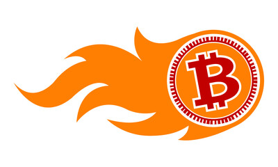 Vector illustration of digital bitcoin crypto currency sign with simple flame shape. Ideal for sticker, decal, logo design element and any kind of decoration.
