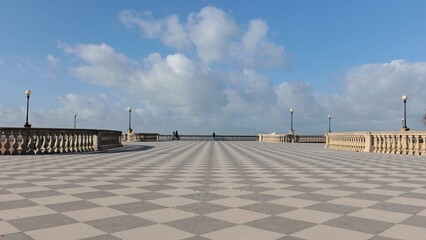 The Terrazza Mascagni in the Tuscan city of Livorno, Italy. La Terrazza, facing the sea, is a lookout with a checkerboard flooring that creates an effect of metaphysical abstraction.