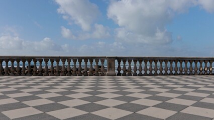 The amazing Terrazza Mascagni sea view in the beautiful Tuscan city of Livorno, Italy. Built in the 1920s, the Terrazza is a checkered belvedere facing the sea. - obrazy, fototapety, plakaty