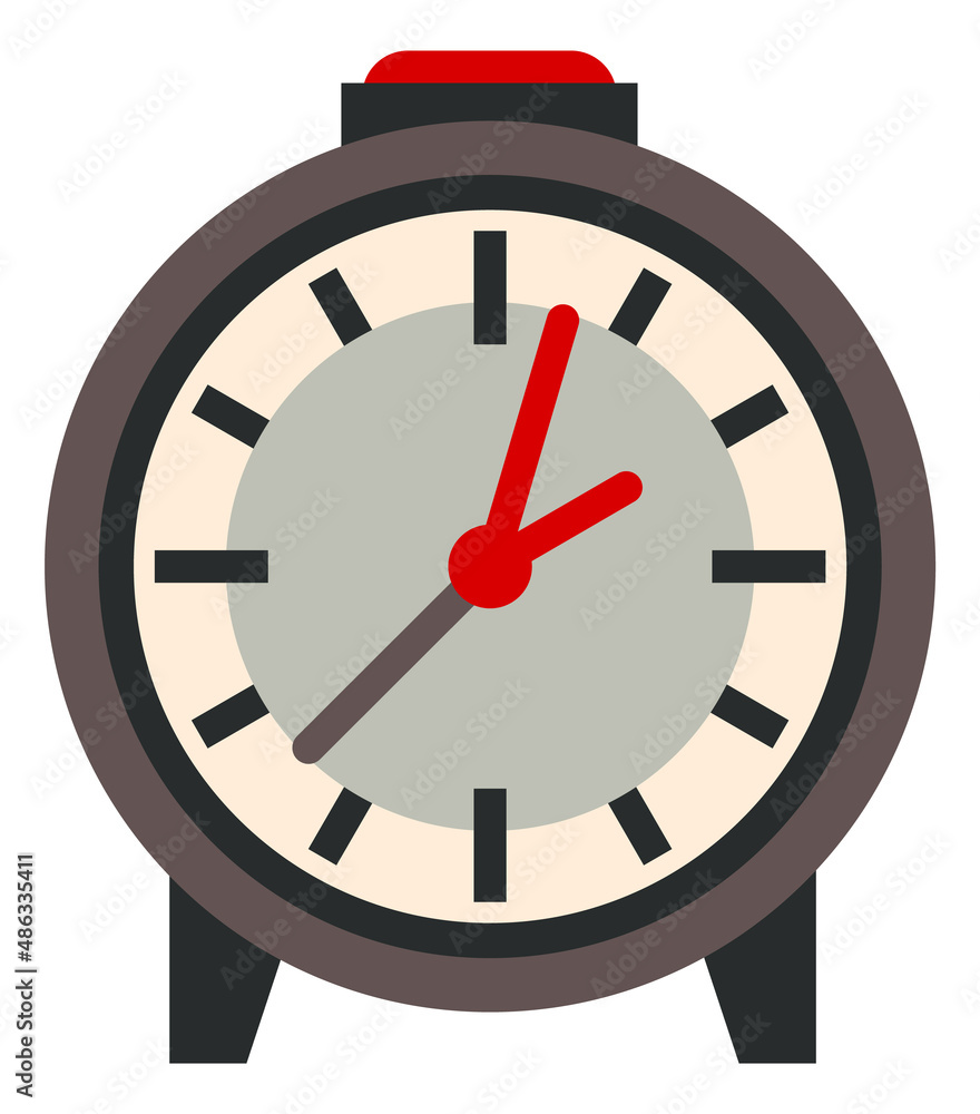 Poster clock icon. flat round timepiece with red button on top