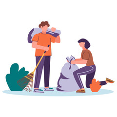 Male and female characters Collecting garbage for recycling. Men and women work in the garden and in nature. People care about the environment, isolated on a white background. Flat Vector Illustration
