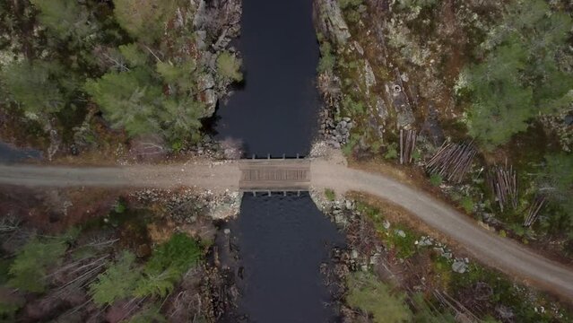 Downward Motion Wooden Bridge Lake Sandvatn Norway 4K 30fps
