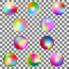 On a transparent background, ten bright glowing rainbow balls.