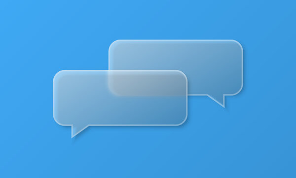 Two speech bubbles intersecting in glassmorphism style with shadow vector illustration.