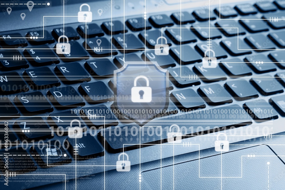 Poster concept of cyber security, information and encryption, secure access to user's personal information,