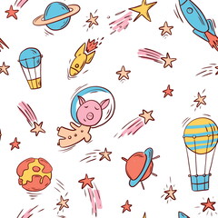 Seamless pattern with space elements rocket, planet, hot air balloon, star. Space set for a children's party. Pattern for children's pastel linen. Pattern on a white background.