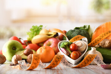 Healthy food and diet with fruits and vegetables kitchen bench
