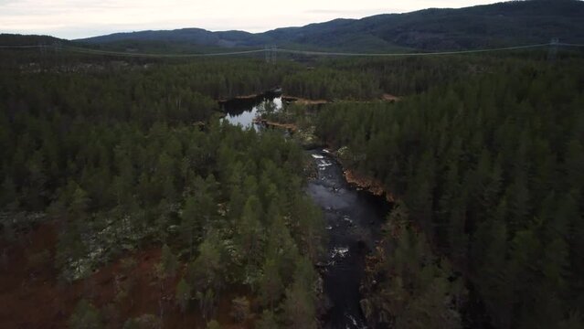 Lake Holkae Bridge Waterfalls Norwegian Forest Scape 4k 30fps