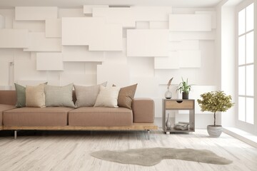 White living room with sofa. Scandinavian interior design. 3D illustration
