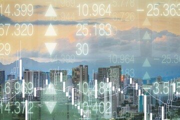 Abstract virtual financial graph hologram on blurry city background, financial and trading concept.