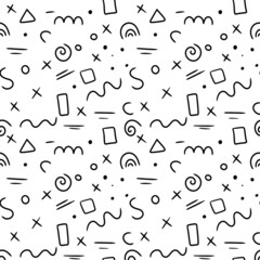 Seamless pattern with simple elements. Square, triangle and swirls.