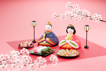 桃色の背景に置かれたひな人形と和菓子 / ひな祭り・桃の節句のコンセプトイメージ / 3Dレンダリンググラフィックス