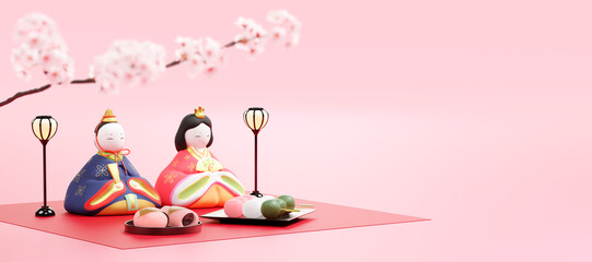桃色の背景に置かれたひな人形と和菓子 / コピースペースのあるひな祭りフェア・セール用背景素材 / 3Dレンダリンググラフィックス