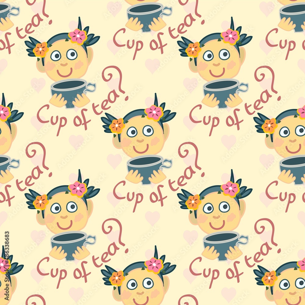 Wall mural cute cup of tea with girl's smiling face vector repeat pattern in cartoon style