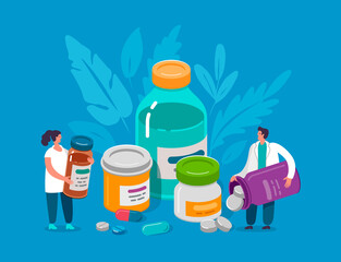 Pharmacy and people. Healthcare and medical treatment concept. Medicine bottles and pills vector illustration
