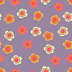 Cute, fun floral repeat pattern in orange and pink on a lilac background