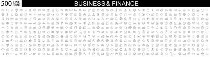 Fototapeta na wymiar Big set of 500 Business icons. Business and Finance web icons. Vector business and finance editable stroke line icon set with money, bank, check, law, auction, piggy, calculator. Vector illustration.