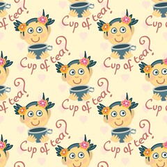 Cute cup of tea with girl's smiling face vector repeat pattern in cartoon style