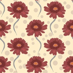 Vector floral repeat pattern with red flowers and dots on cream