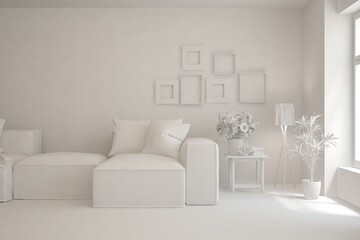 White minimalist living room with sofa. Scandinavian interior design. 3D illustration