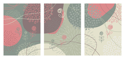 Set of cute hand drawn abstract shapes backgrounds. Contemporary trendy creative vector illustrations in pastel colors.