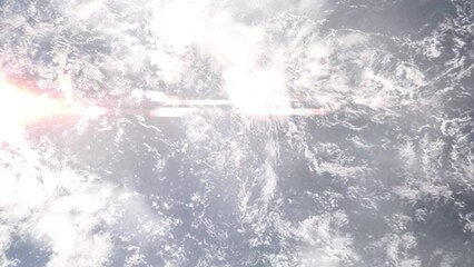 Earth zoom in from outer space to city. Zooming on Marshall Islands, Majuro. The animation continues by zoom out through clouds and atmosphere into space. View of the Earth at night. Images from NASA