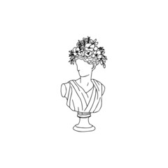 Head of Ancient Greek goddess with blooming flower and leaves sprouting from it. Female face sculpture as a vase pot, Creative concept for interior design. Vector doodle Illustration
