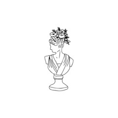 Head of Ancient Greek goddess with blooming flower and leaves sprouting from it. Female face sculpture as a vase pot, Creative concept for interior design. Vector doodle Illustration