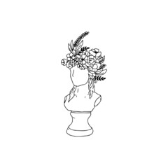 Head of Ancient Greek goddess with blooming flower and leaves sprouting from it. Female face sculpture as a vase pot, Creative concept for interior design. Vector doodle Illustration