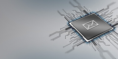E-mail Symbol is Over A Chip Connected To Futuristic Electronic Circuit