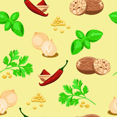 Seamless pattern of spices (basil, onion, paprika, nutmeg, mustard seeds and coriander)
