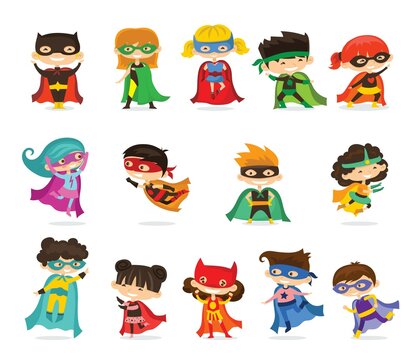 Vector illustrations of female and male kids superheroes in funny comics costume