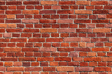 Close-up of an old red brick wall. Multicolored red brick. White solution. Daylight.