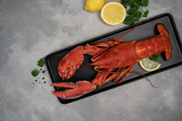 Lobster decorated with lemon slices on black plate on concrete table. Fresh seafood.