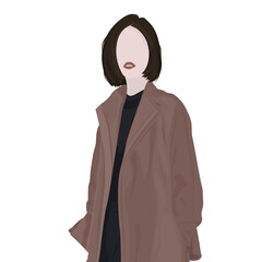portrait of a girl in a coat; cute girl with a square in a coat; illustration of a brunette woman;