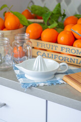 Freshly squeezed mandarin orange juice with glass pitcher, glass jars and aluminum reusable straws.