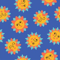 Seamless pattern of colorful abstract Suns with faces. Ethnic trendy style. Vector background. Perfect for textile prints