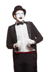 Portrait of a male mime artist performing, isolated on white background. Symbol of joy,...