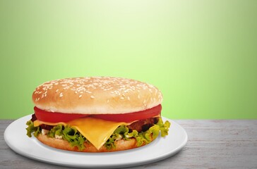 Fresh tasty vegan burger with plant based meat free cutlet