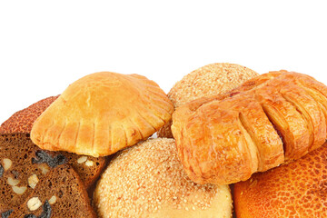 Bread and sweet pastries isolated on white .