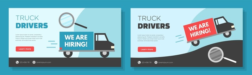 Truck driver shortage online banner template set, hiring transport drivers employees corporate advertisement, horizontal ad, modern digital read hobby campaign webpage, flyer, creative brochure