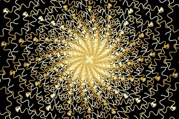 Distorted abstract lines, wireframe tunnel. The gold wave spiral wavy lines on the black background.