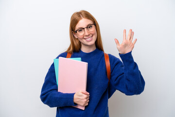 Young student redhead woman isolated on white background counting five with fingers