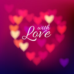 Heart shape bokeh light background. Sign With Love on dark pink blurred background.
