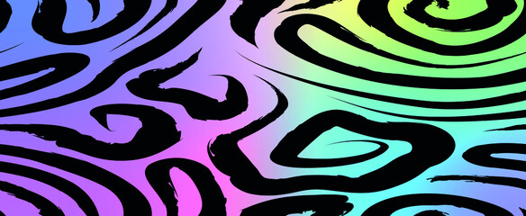 Seamless vector black and white zebra fur pattern. Stylish wild zebra print on multicolored gradient background 