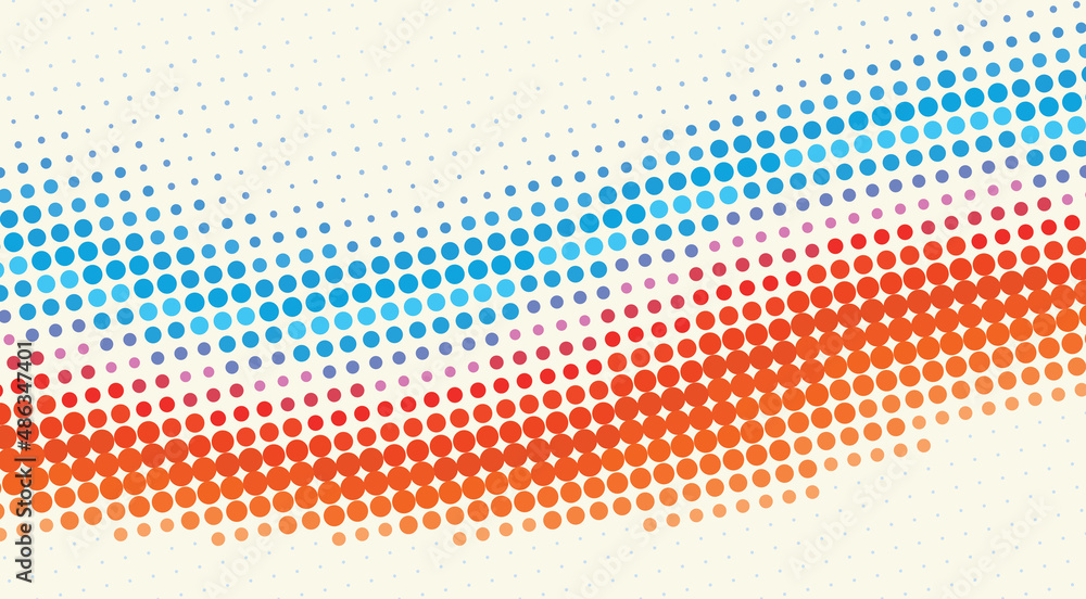 Poster halftone blue and red wave on very light yellow background. retro pattern