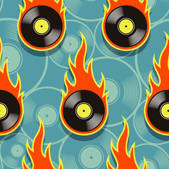 Seamless vector pattern with retro vintage vinyl record icons and flames